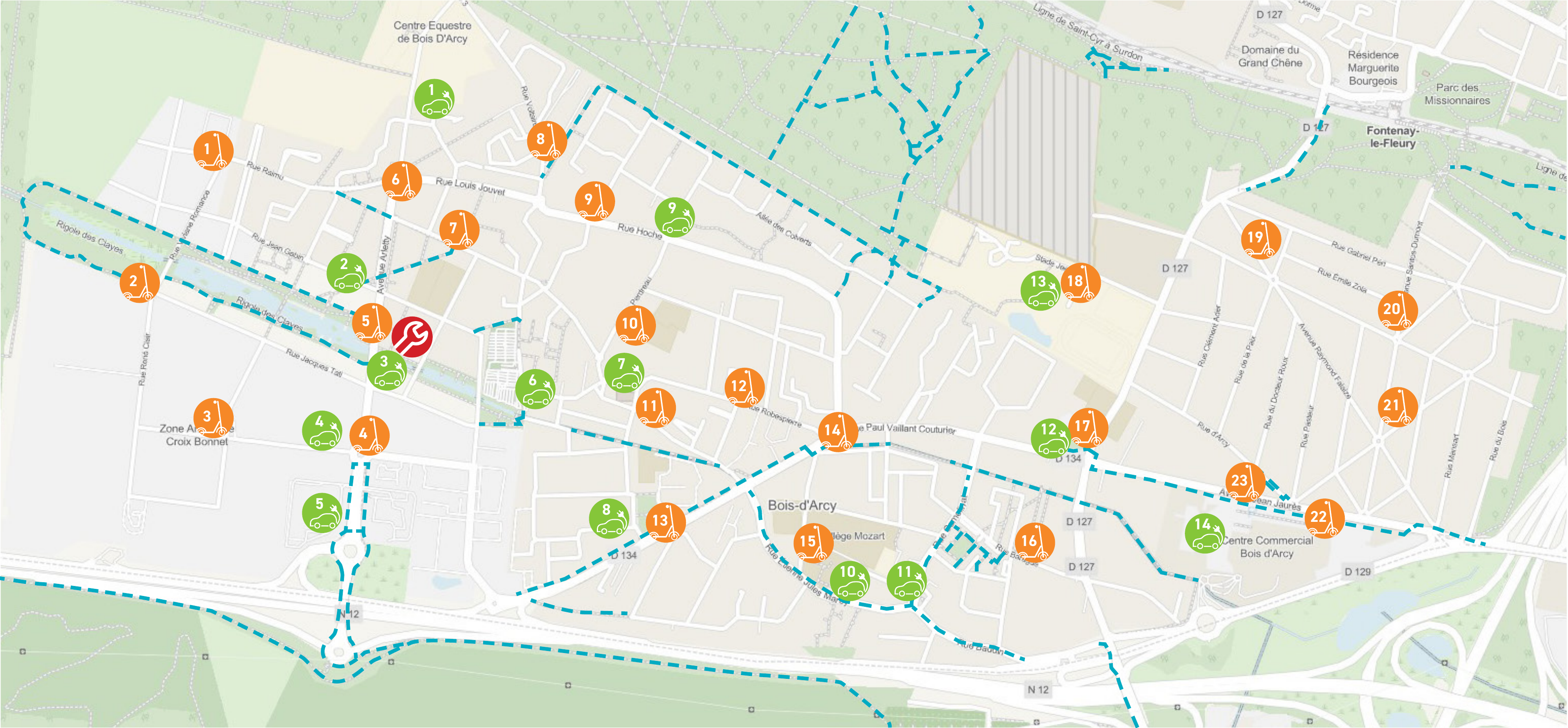 Plan de Bois-d’Arcy et de ses voies cyclables